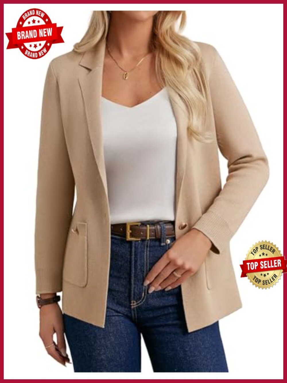 Viscose Polyester Knit Blazer Business Casual Open Front Cardigan with Pockets